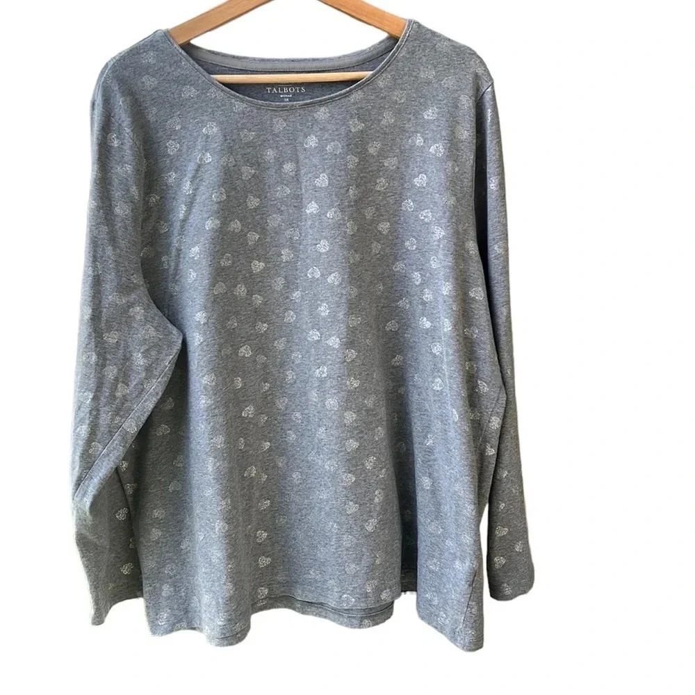 Talbots Tee 3X Gray with Metallic Silver All Over Heart Print. Cotton/Spandex